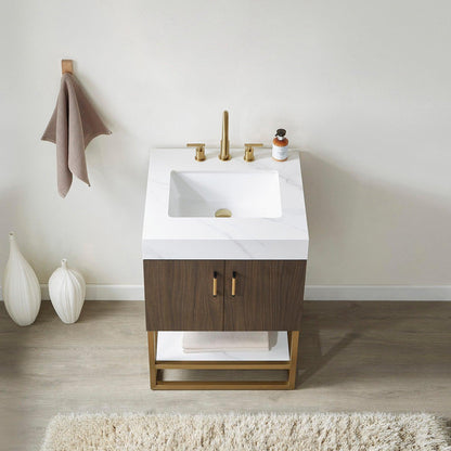 Vinnova Toledo 24" Single Sink Bath Vanity In Dark Walnut Finish With White Sintered Stone Top