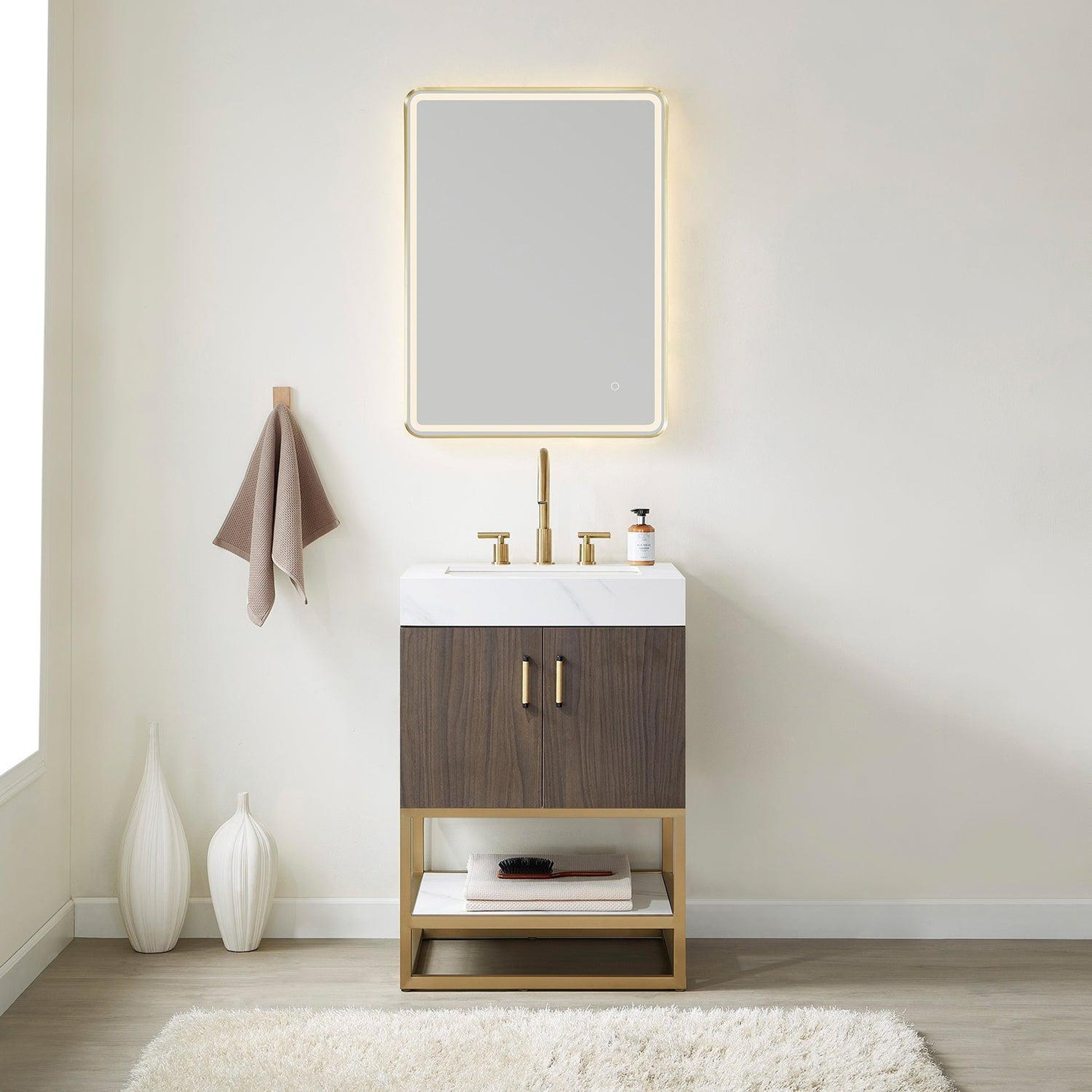 Vinnova Toledo 24" Single Sink Bath Vanity In Dark Walnut Finish With White Sintered Stone Top And Mirror