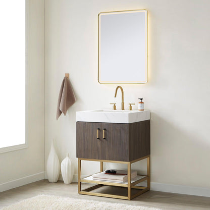 Vinnova Toledo 24" Single Sink Bath Vanity In Dark Walnut Finish With White Sintered Stone Top And Mirror