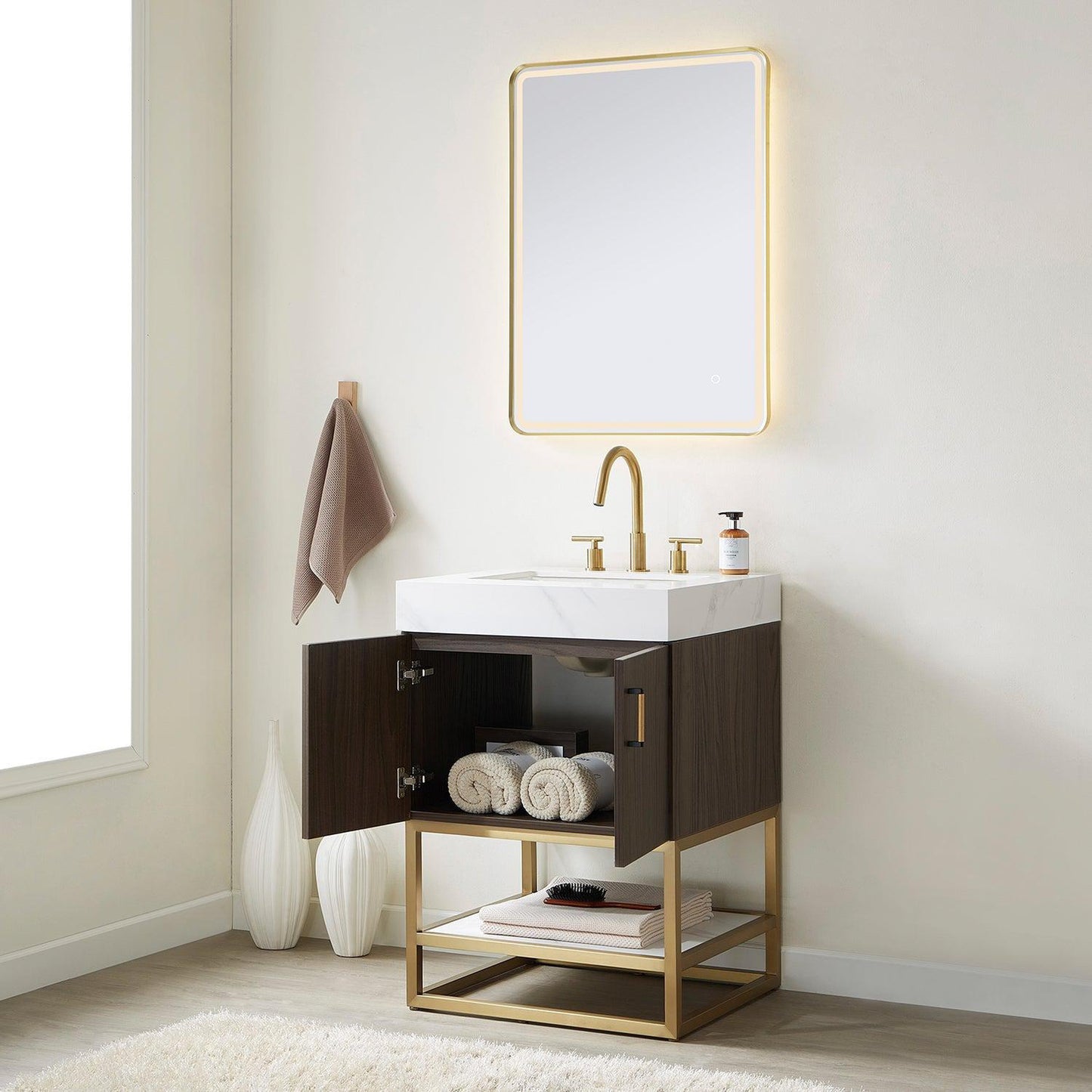 Vinnova Toledo 24" Single Sink Bath Vanity In Dark Walnut Finish With White Sintered Stone Top And Mirror
