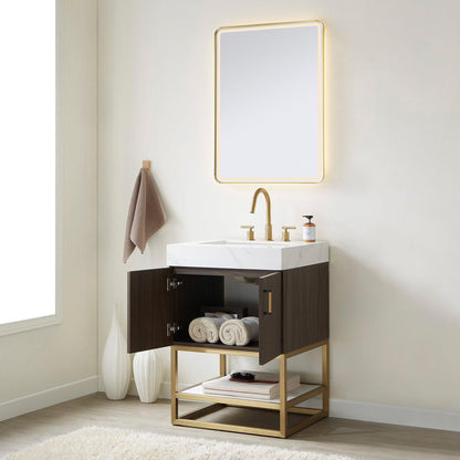 Vinnova Toledo 24" Single Sink Bath Vanity In Dark Walnut Finish With White Sintered Stone Top And Mirror