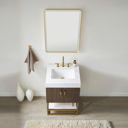 Vinnova Toledo 24" Single Sink Bath Vanity In Dark Walnut Finish With White Sintered Stone Top And Mirror