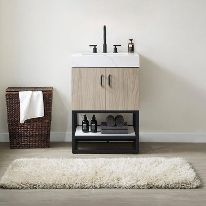 Vinnova Toledo 24" Single Sink Bath Vanity In Light Walnut Finish With White Sintered Stone Top