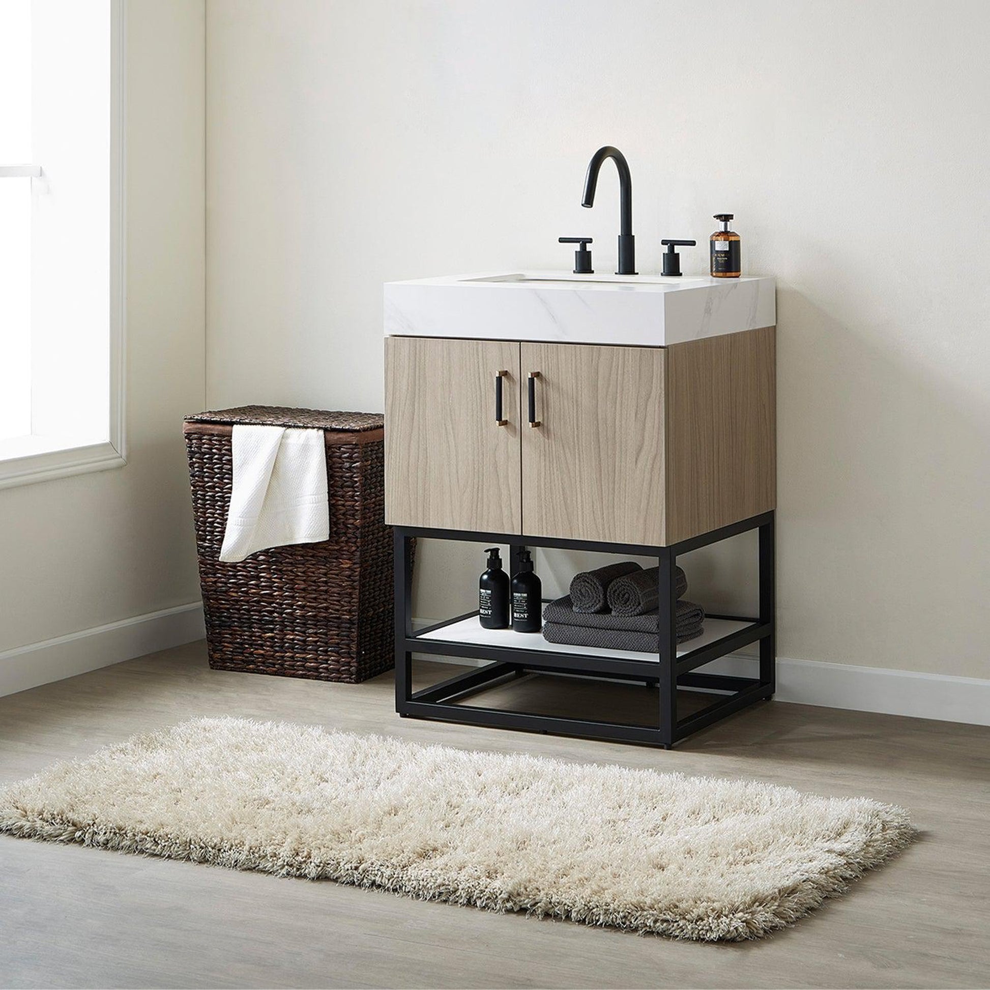 Vinnova Toledo 24" Single Sink Bath Vanity In Light Walnut Finish With White Sintered Stone Top