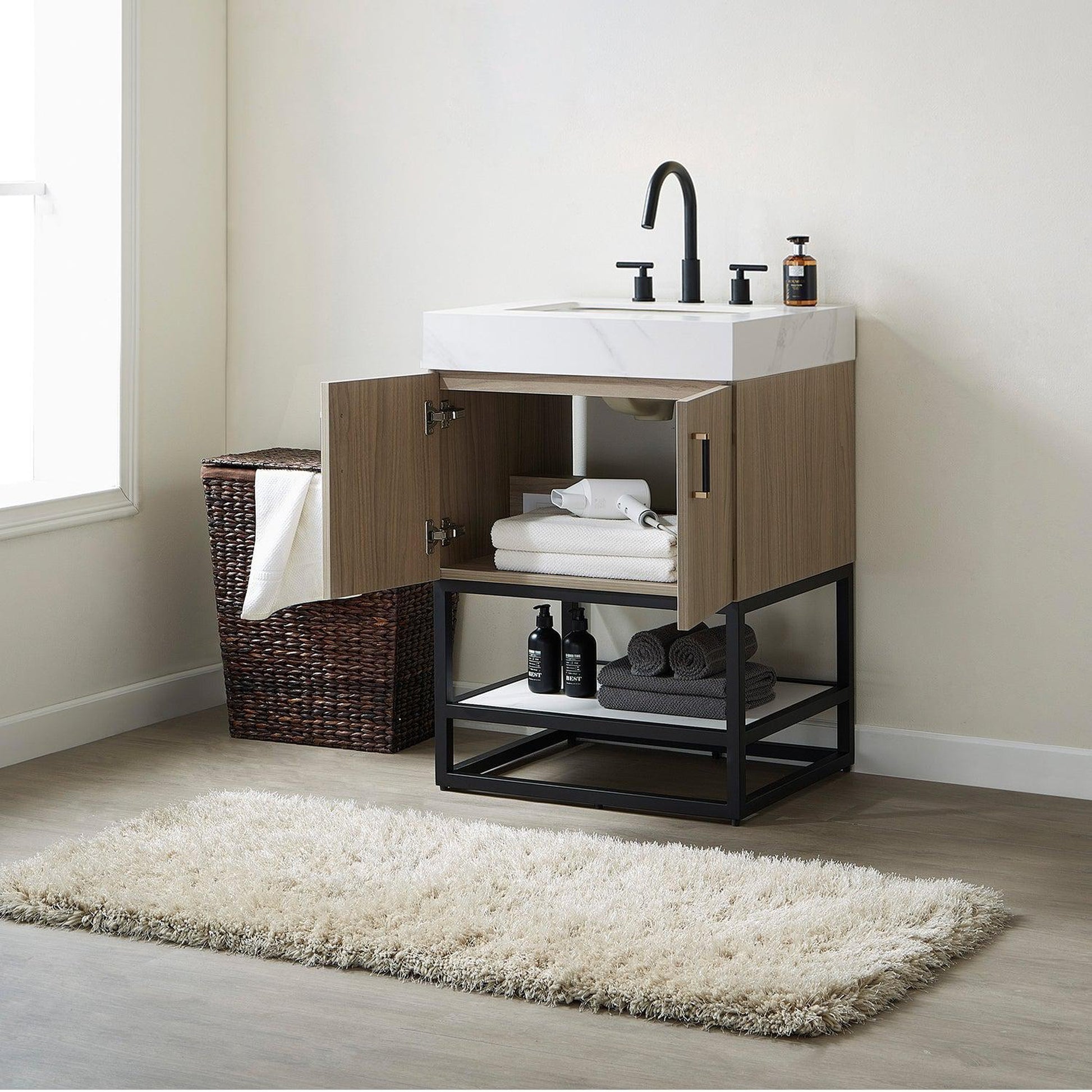 Vinnova Toledo 24" Single Sink Bath Vanity In Light Walnut Finish With White Sintered Stone Top