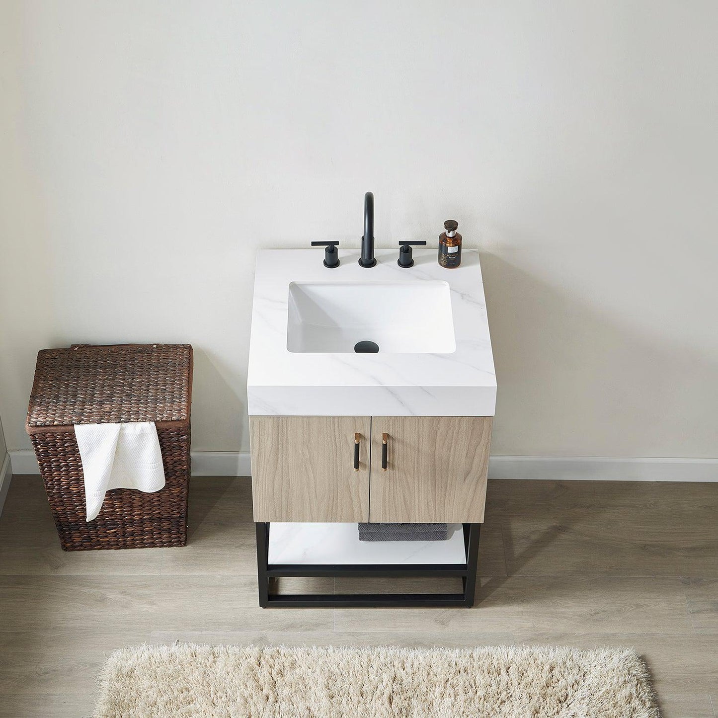 Vinnova Toledo 24" Single Sink Bath Vanity In Light Walnut Finish With White Sintered Stone Top