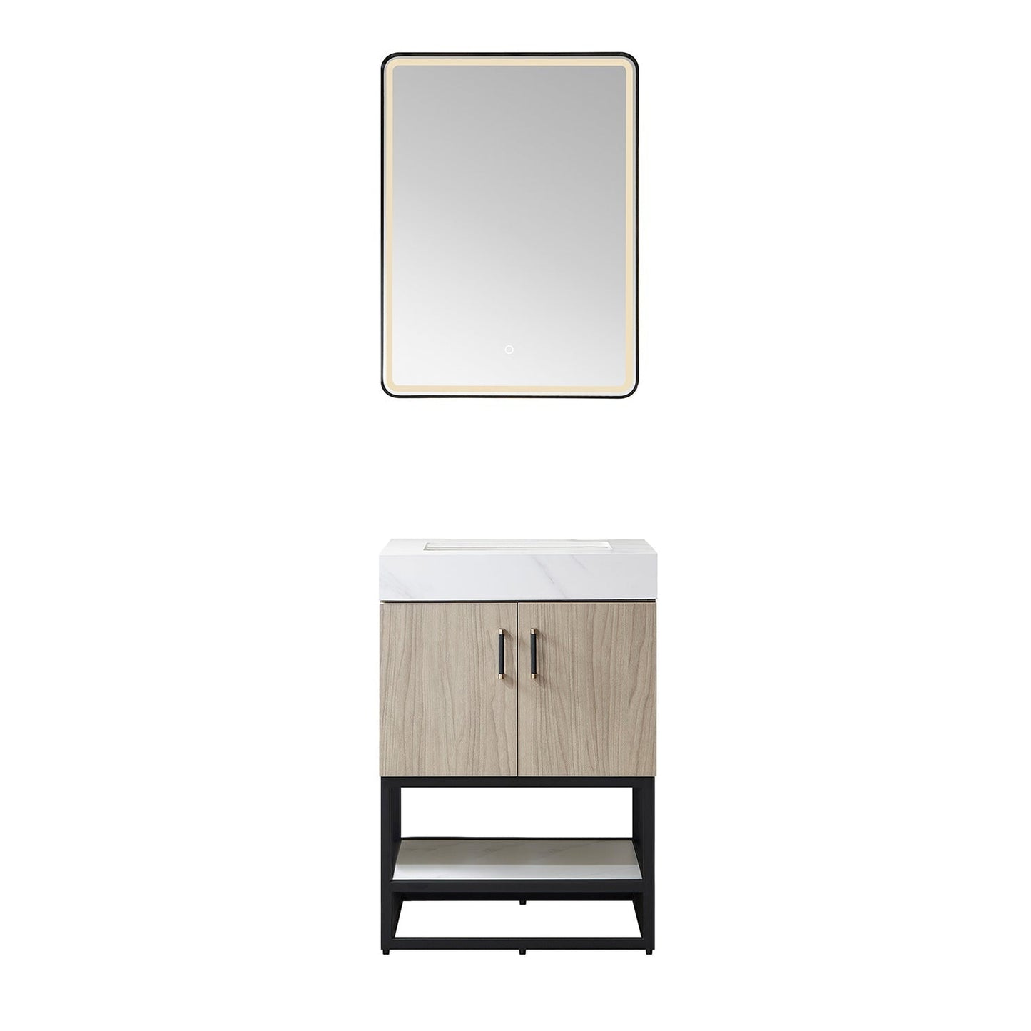 Vinnova Toledo 24" Single Sink Bath Vanity In Light Walnut Finish With White Sintered Stone Top And Mirror