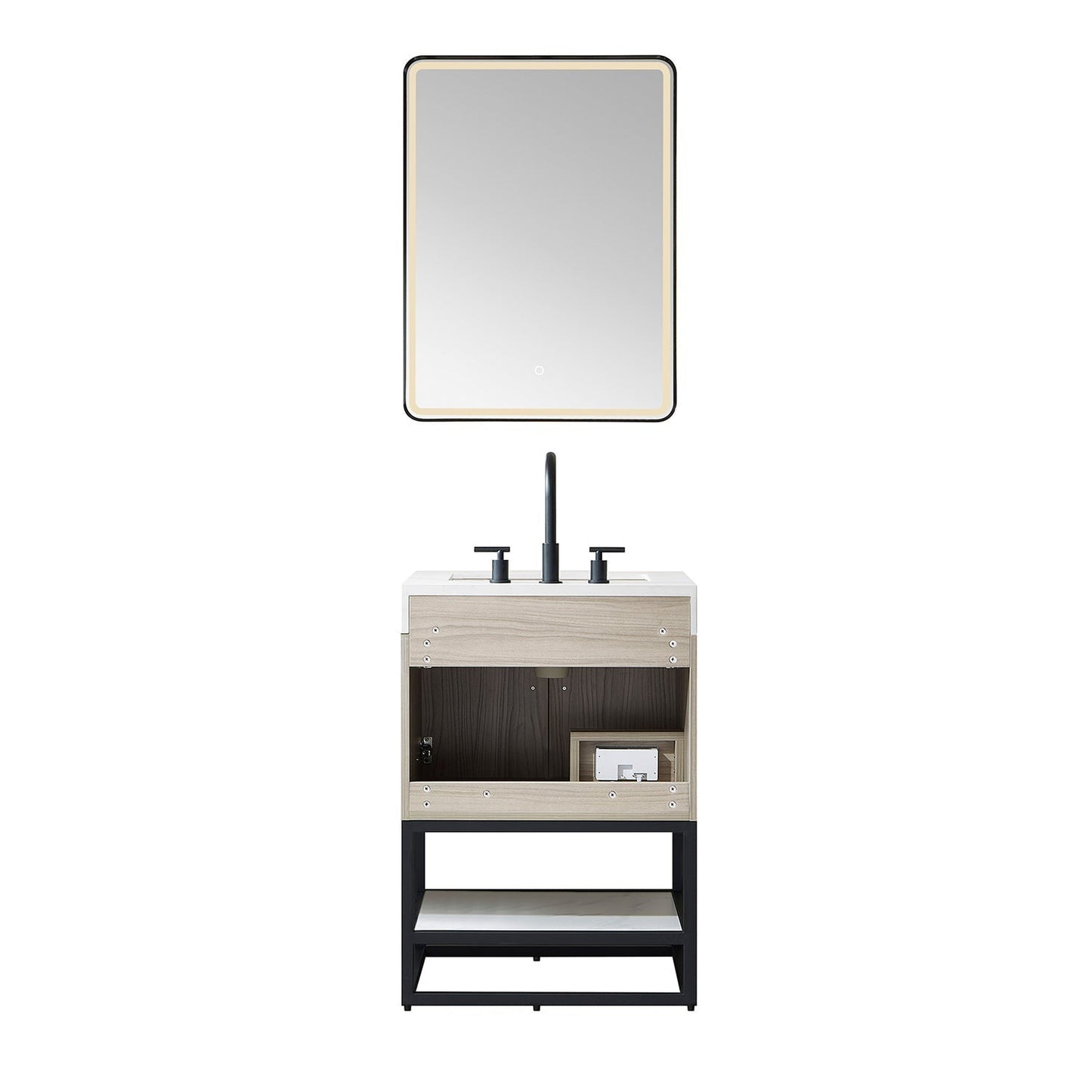 Vinnova Toledo 24" Single Sink Bath Vanity In Light Walnut Finish With White Sintered Stone Top And Mirror