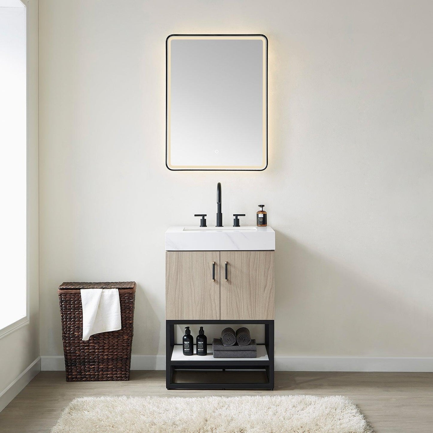 Vinnova Toledo 24" Single Sink Bath Vanity In Light Walnut Finish With White Sintered Stone Top And Mirror