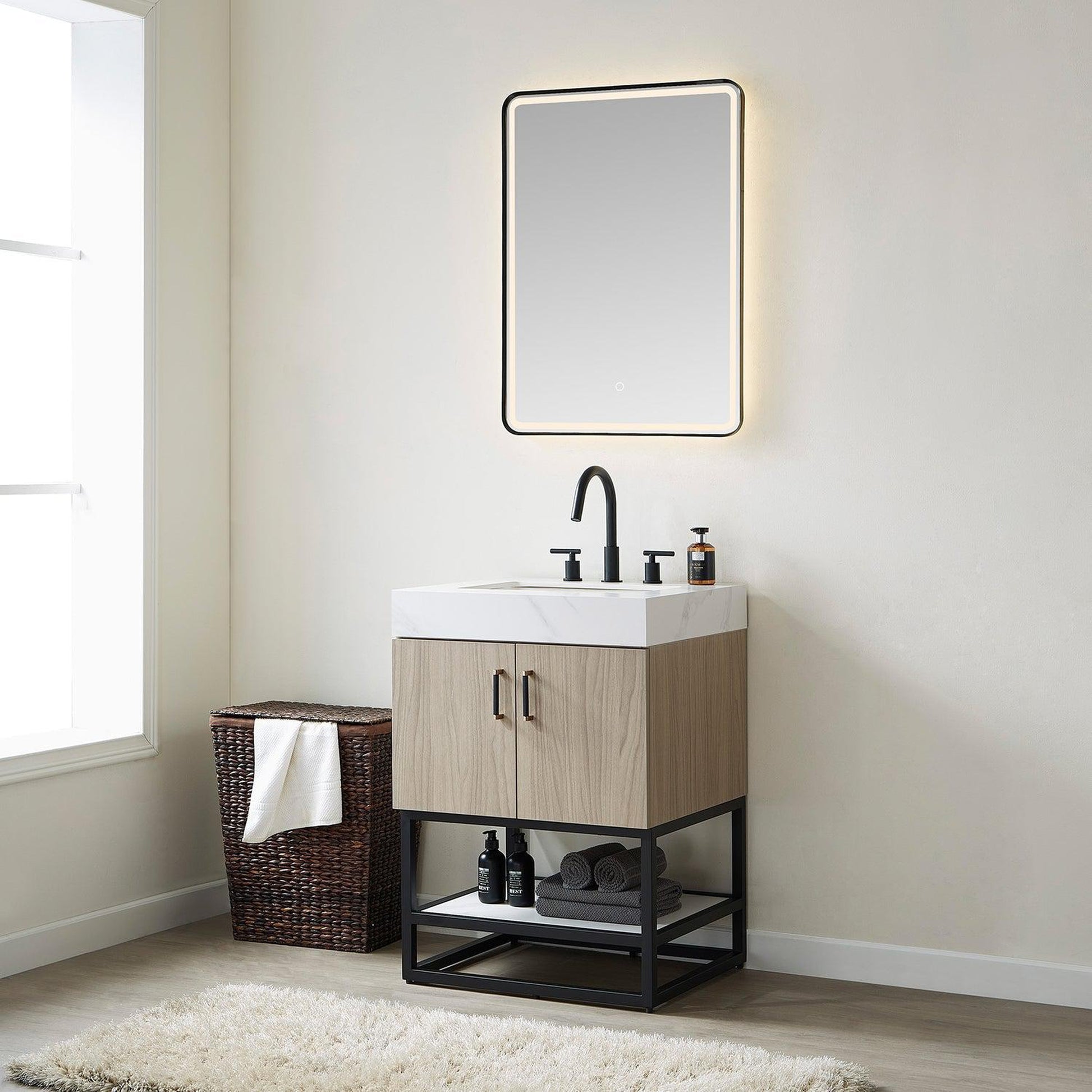 Vinnova Toledo 24" Single Sink Bath Vanity In Light Walnut Finish With White Sintered Stone Top And Mirror