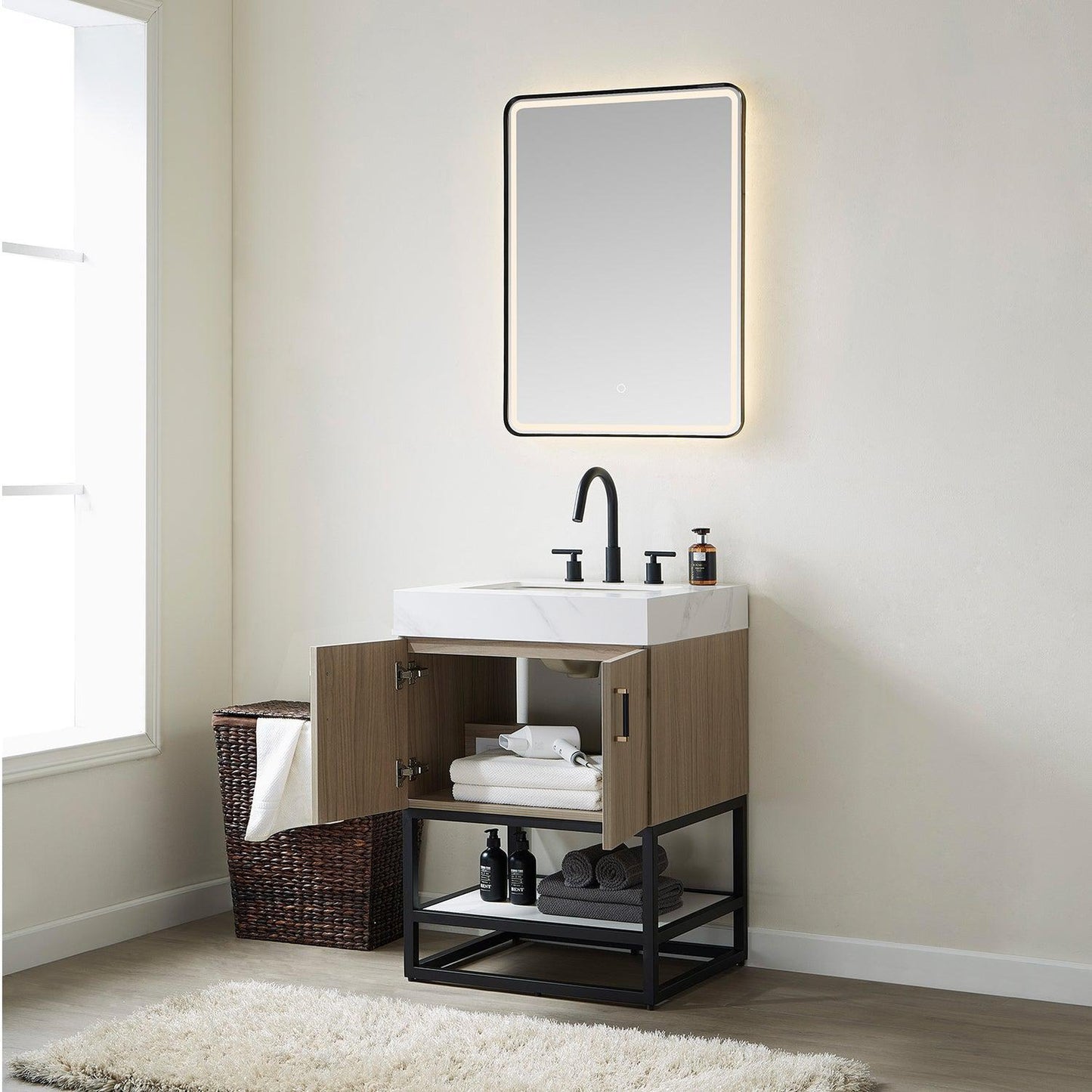 Vinnova Toledo 24" Single Sink Bath Vanity In Light Walnut Finish With White Sintered Stone Top And Mirror