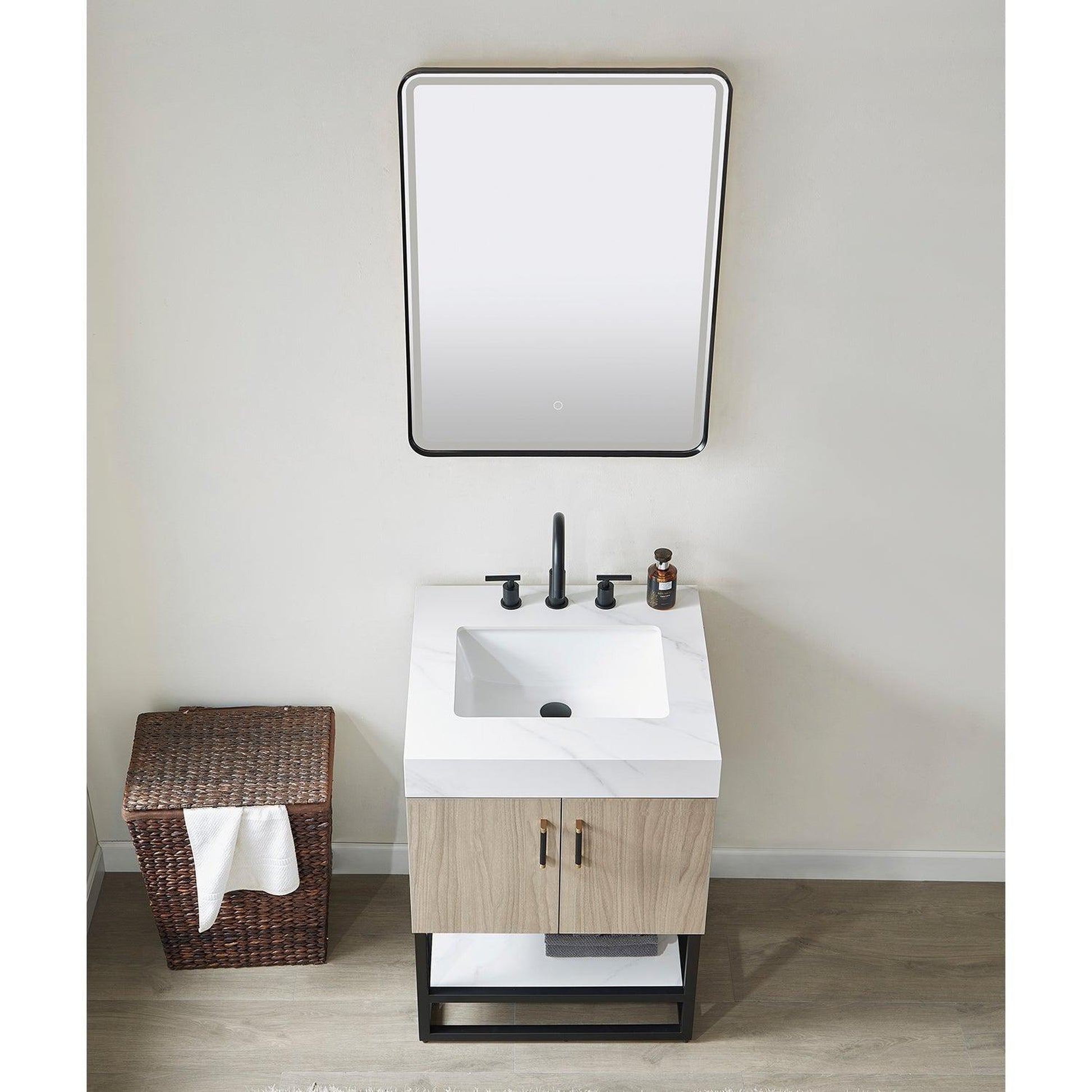 Vinnova Toledo 24" Single Sink Bath Vanity In Light Walnut Finish With White Sintered Stone Top And Mirror