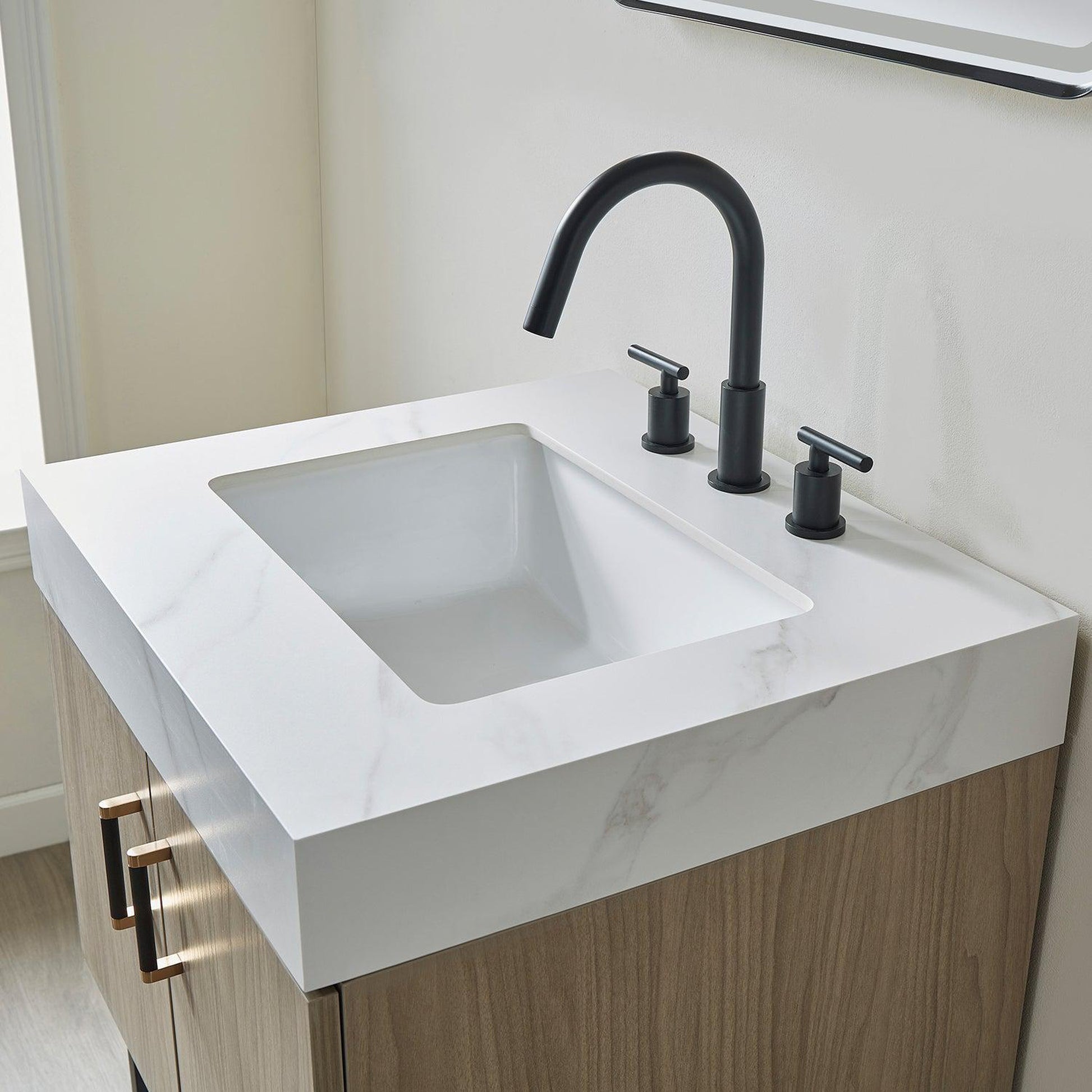Vinnova Toledo 24" Single Sink Bath Vanity In Light Walnut Finish With White Sintered Stone Top And Mirror