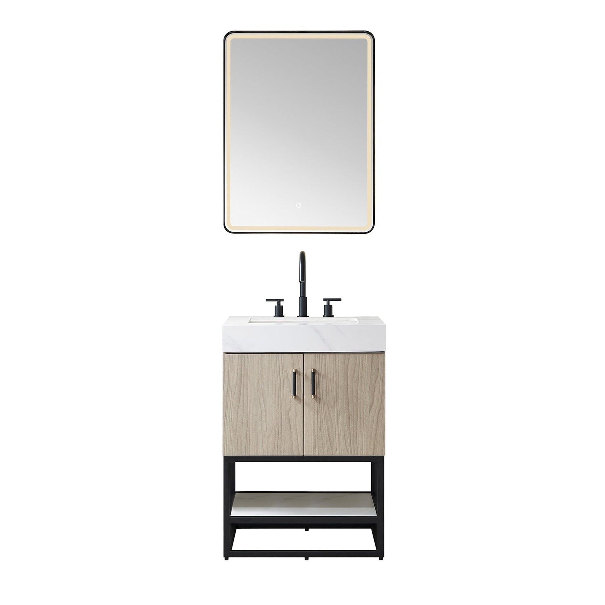 Vinnova Toledo 24" Single Sink Bath Vanity In Light Walnut Finish With White Sintered Stone Top And Mirror