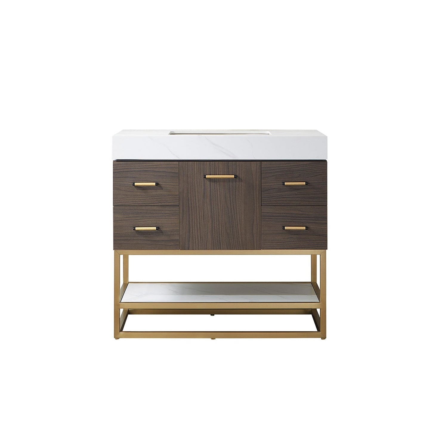 Vinnova Toledo 36" Single Sink Bath Vanity In Dark Walnut Finish With White Sintered Stone Top