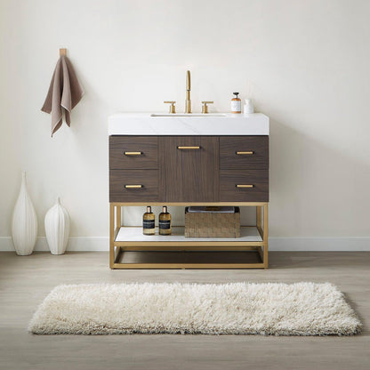 Vinnova Toledo 36" Single Sink Bath Vanity In Dark Walnut Finish With White Sintered Stone Top