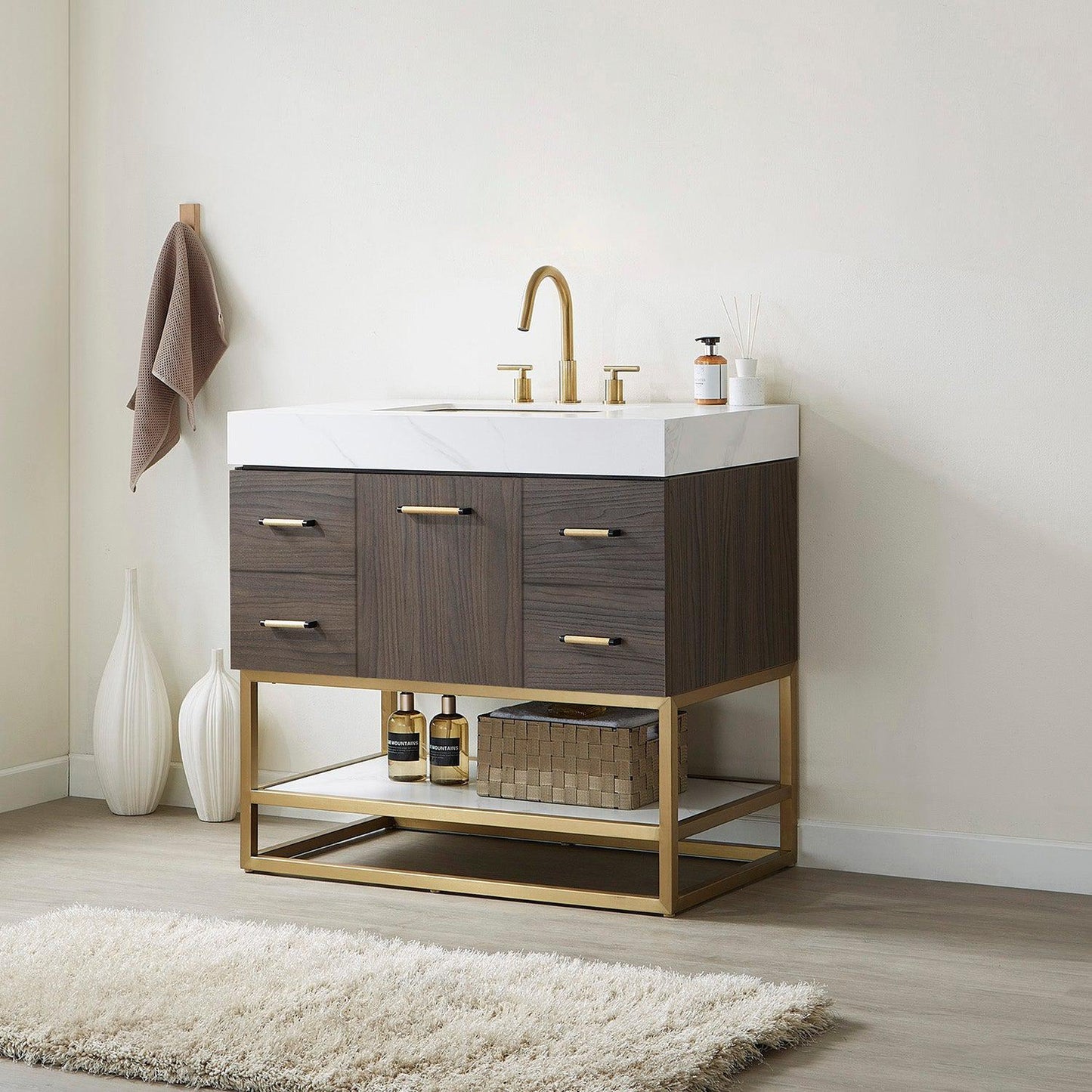 Vinnova Toledo 36" Single Sink Bath Vanity In Dark Walnut Finish With White Sintered Stone Top