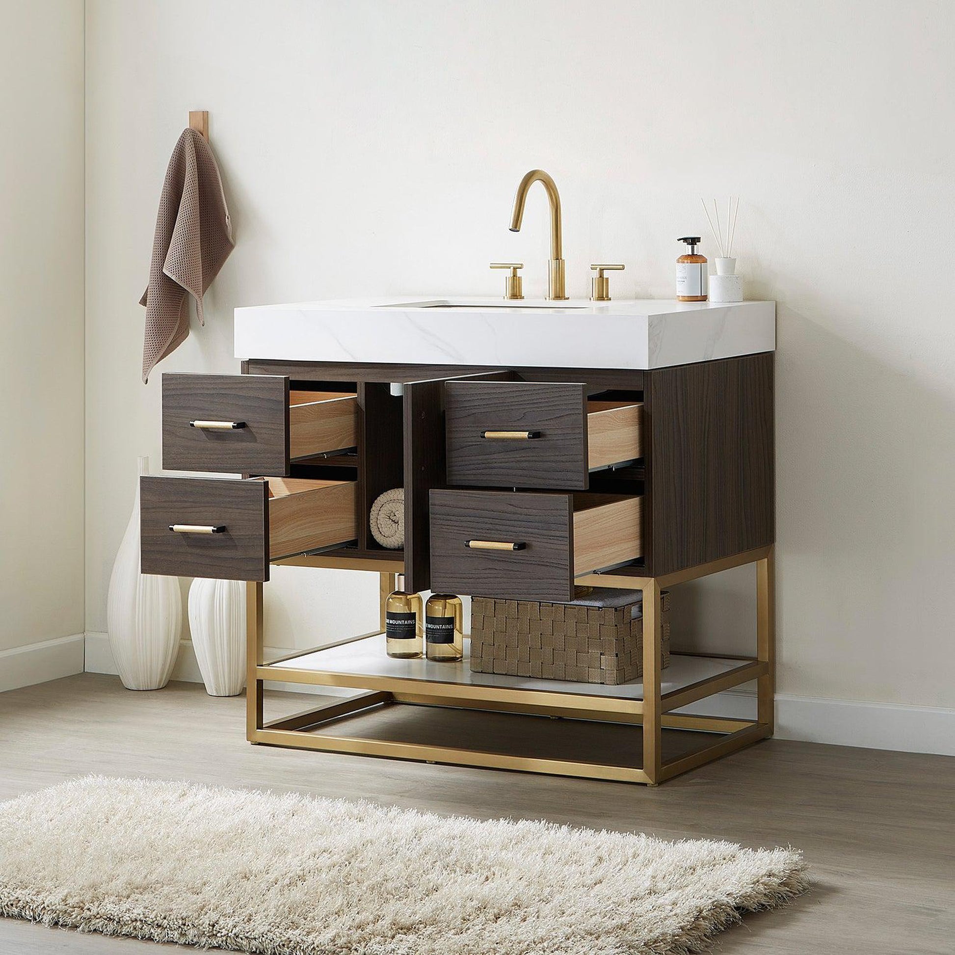 Vinnova Toledo 36" Single Sink Bath Vanity In Dark Walnut Finish With White Sintered Stone Top