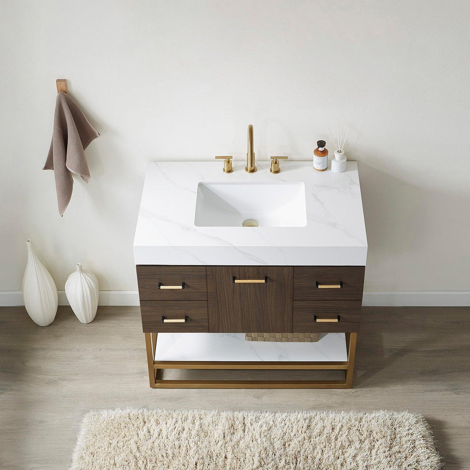 Vinnova Toledo 36" Single Sink Bath Vanity In Dark Walnut Finish With White Sintered Stone Top