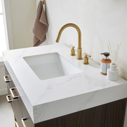 Vinnova Toledo 36" Single Sink Bath Vanity In Dark Walnut Finish With White Sintered Stone Top