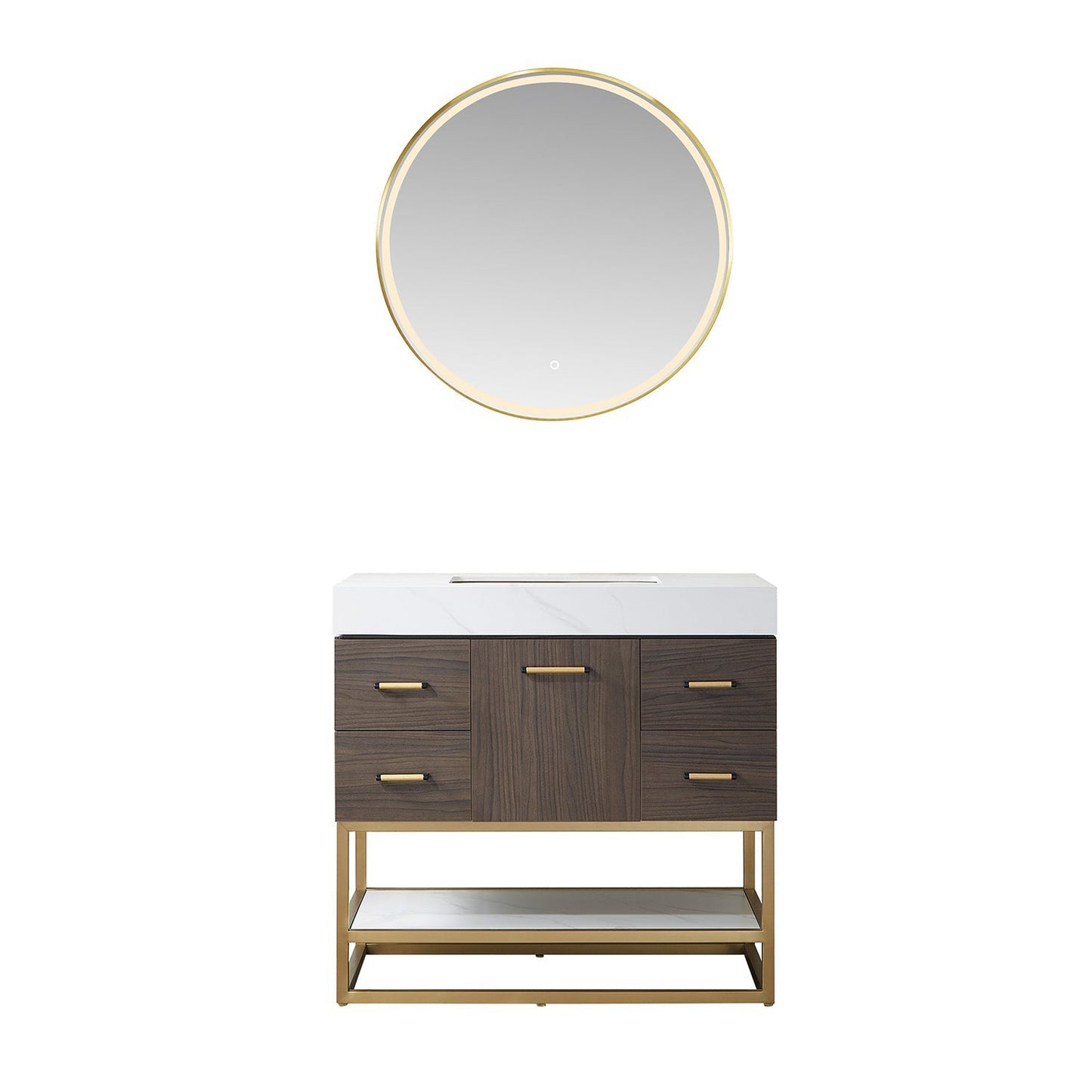 Vinnova Toledo 36" Single Sink Bath Vanity In Dark Walnut Finish With White Sintered Stone Top And Mirror