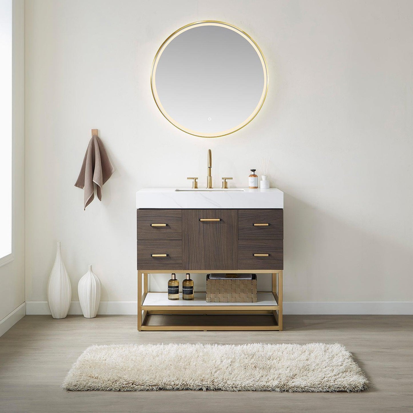 Vinnova Toledo 36" Single Sink Bath Vanity In Dark Walnut Finish With White Sintered Stone Top And Mirror