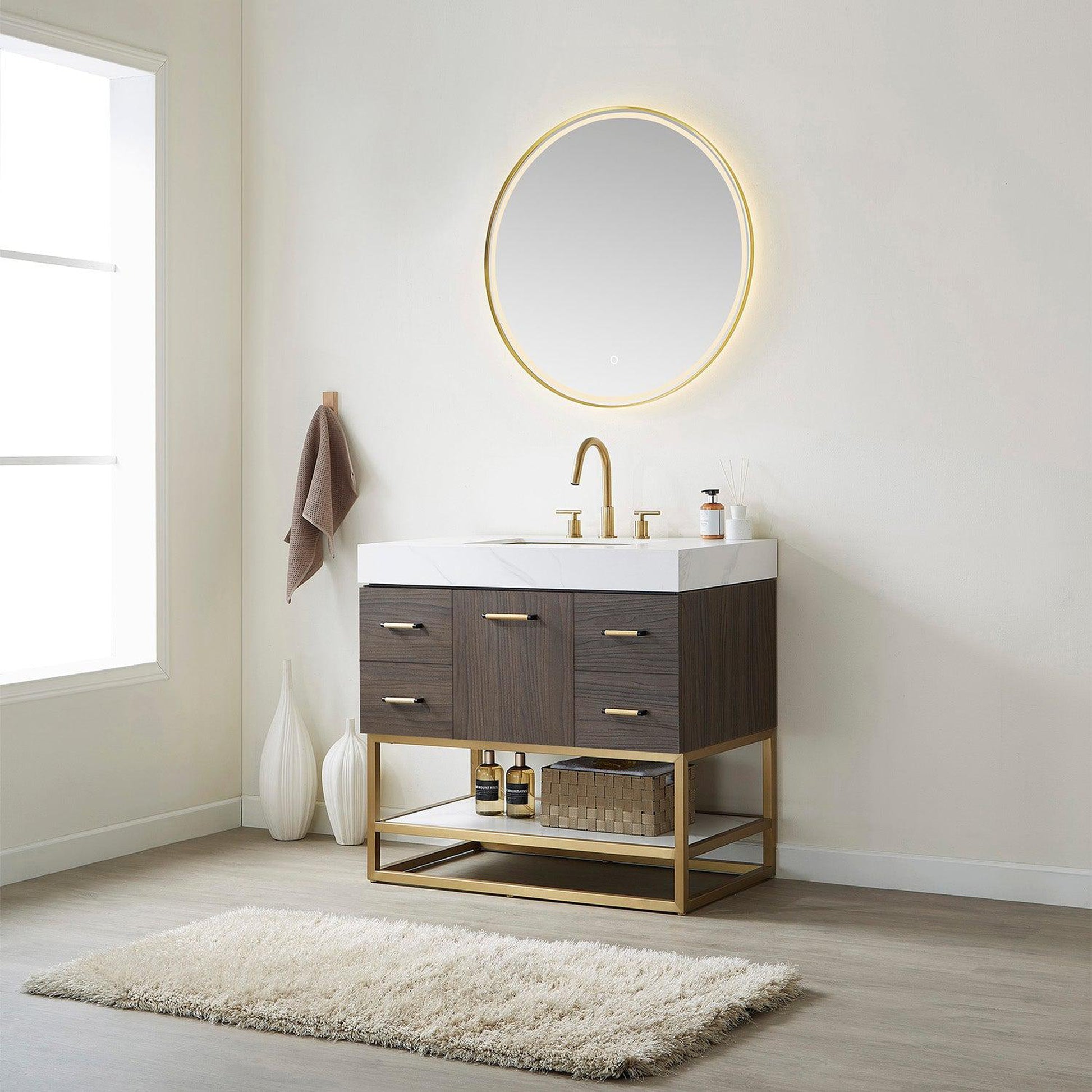 Vinnova Toledo 36" Single Sink Bath Vanity In Dark Walnut Finish With White Sintered Stone Top And Mirror