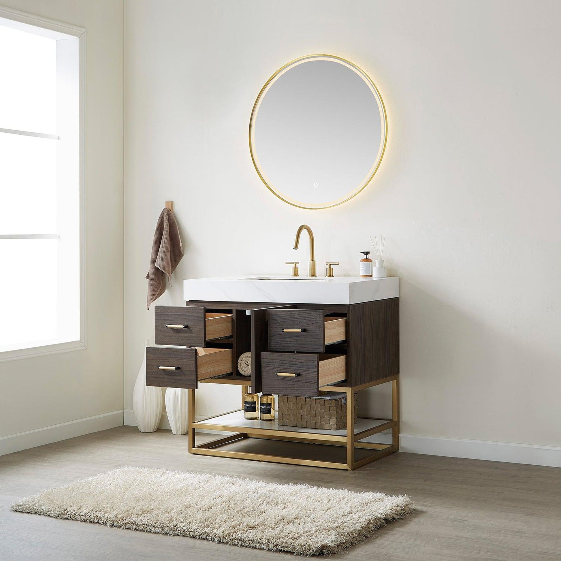 Vinnova Toledo 36" Single Sink Bath Vanity In Dark Walnut Finish With White Sintered Stone Top And Mirror