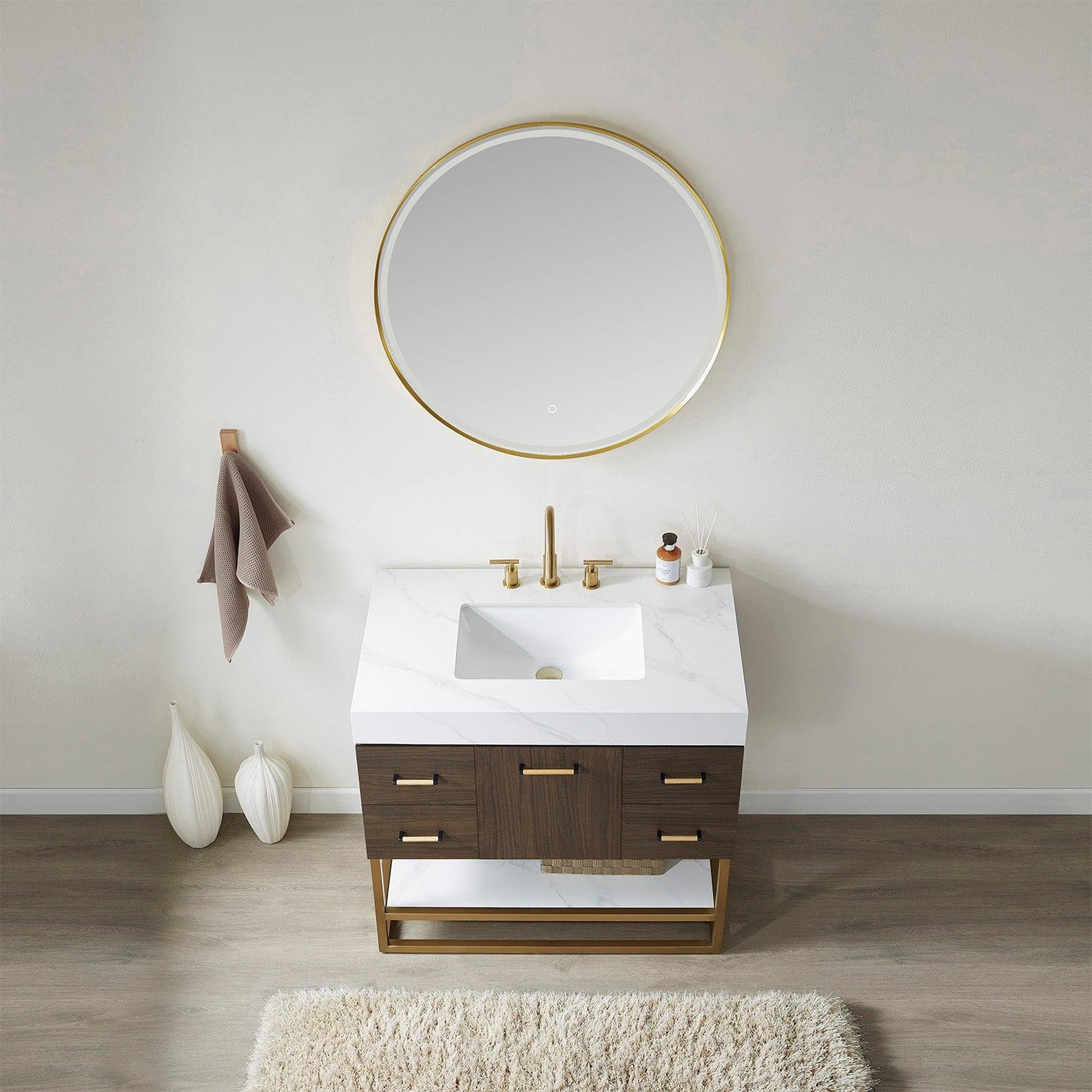 Vinnova Toledo 36" Single Sink Bath Vanity In Dark Walnut Finish With White Sintered Stone Top And Mirror