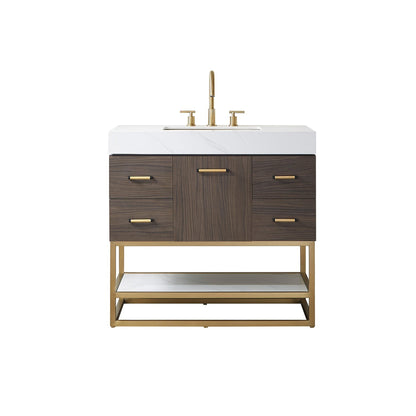 Vinnova Toledo 36" Single Sink Bath Vanity In Dark Walnut Finish With White Sintered Stone Top