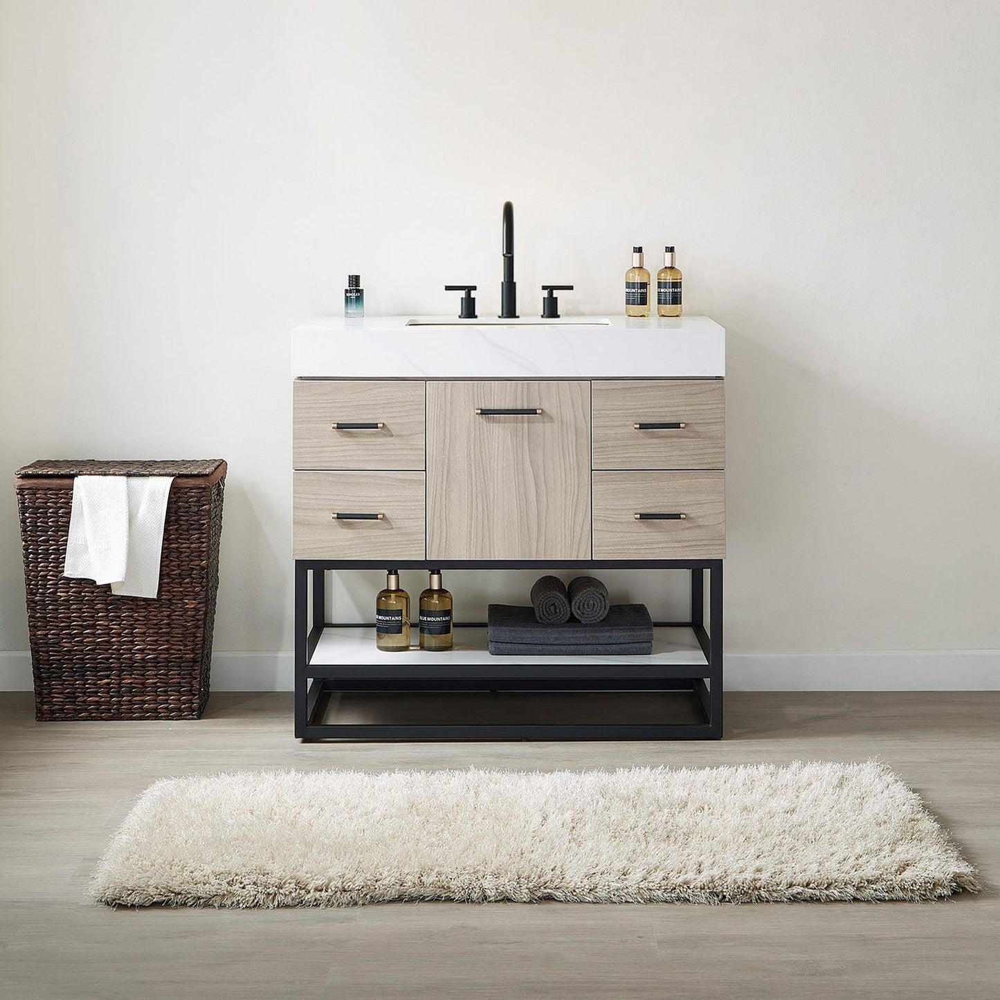 Vinnova Toledo 36" Single Sink Bath Vanity In Light Walnut Finish With White Sintered Stone Top