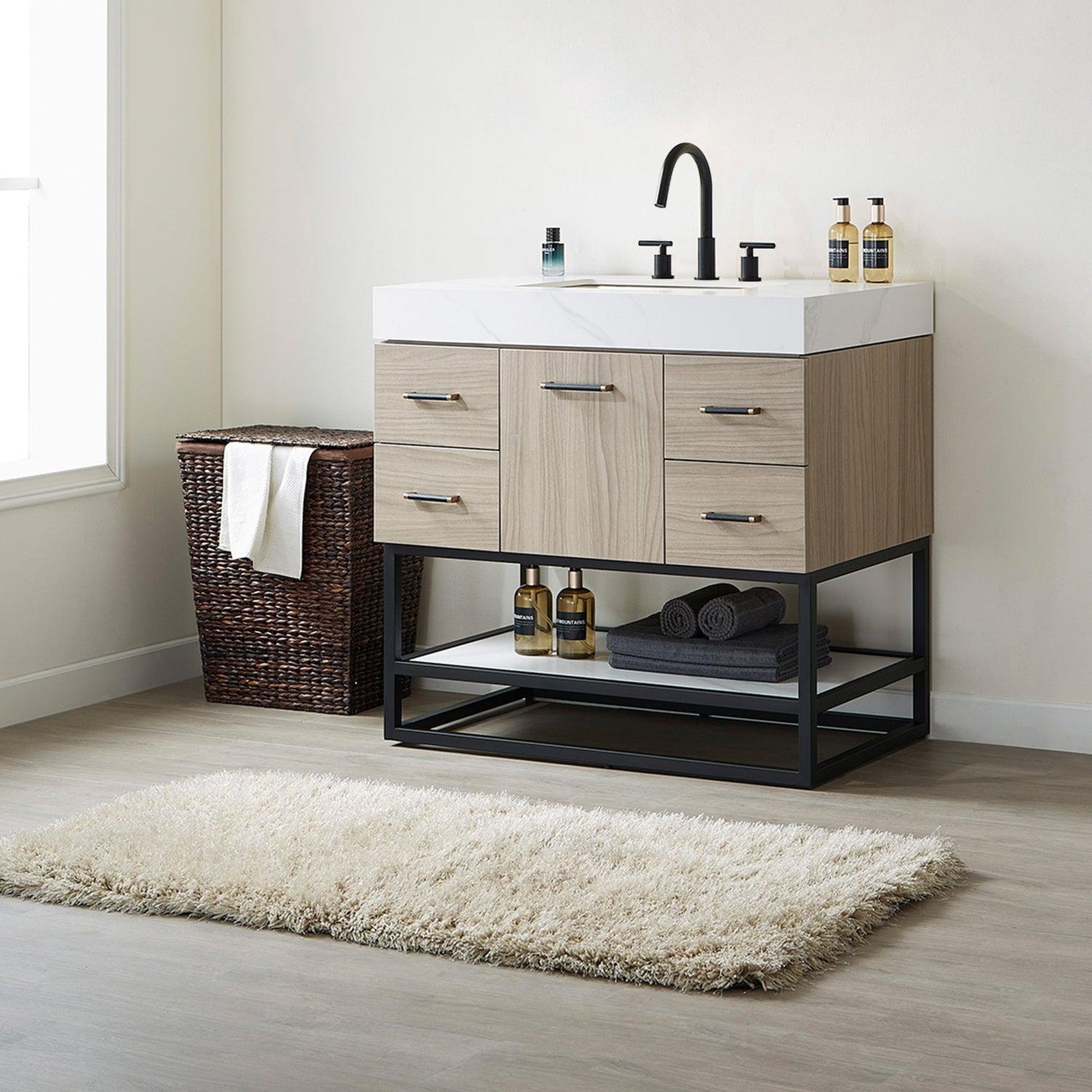 Vinnova Toledo 36" Single Sink Bath Vanity In Light Walnut Finish With White Sintered Stone Top