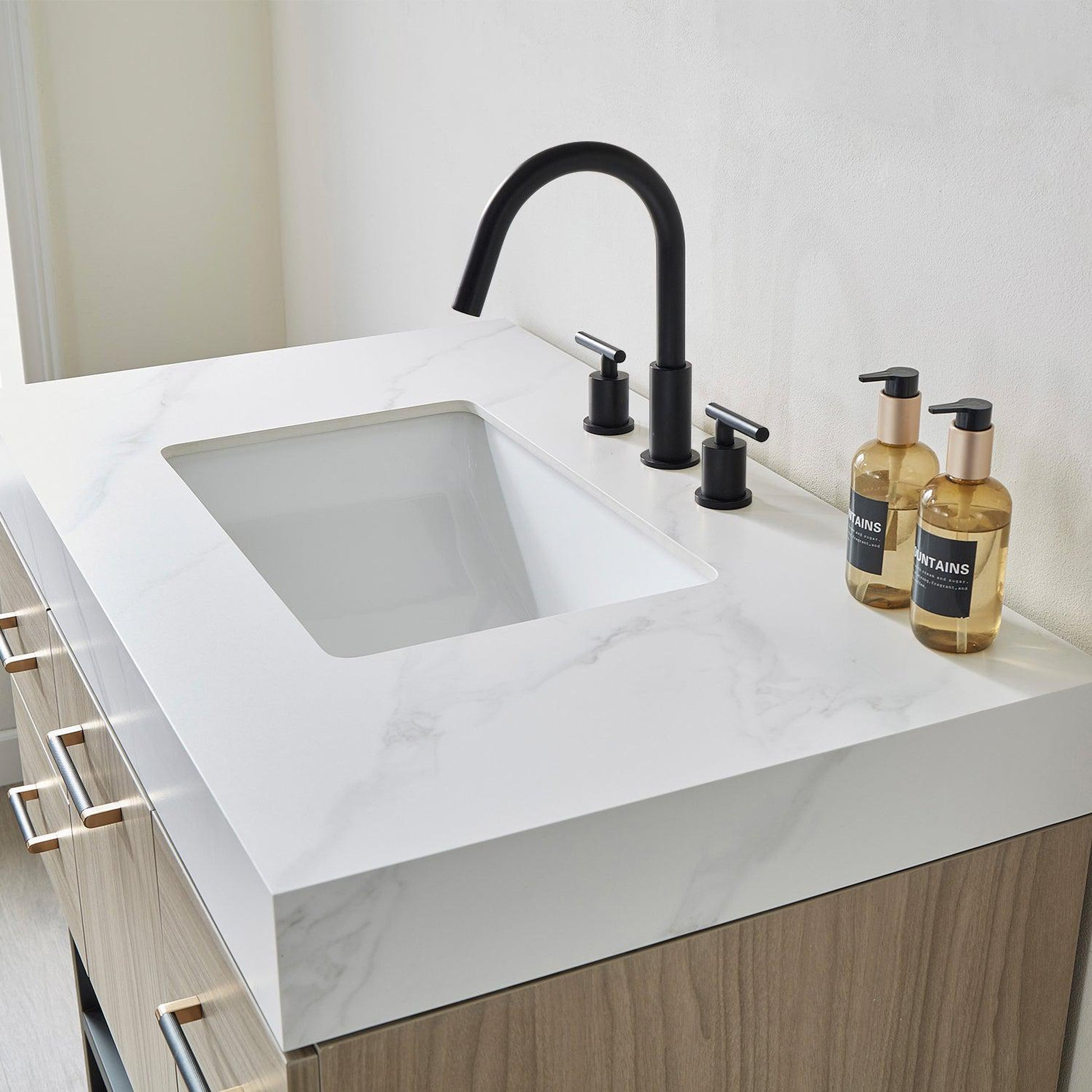 Vinnova Toledo 36" Single Sink Bath Vanity In Light Walnut Finish With White Sintered Stone Top
