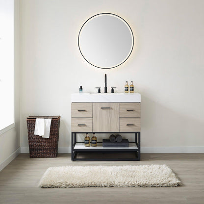 Vinnova Toledo 36" Single Sink Bath Vanity In Light Walnut Finish With White Sintered Stone Top And Mirror