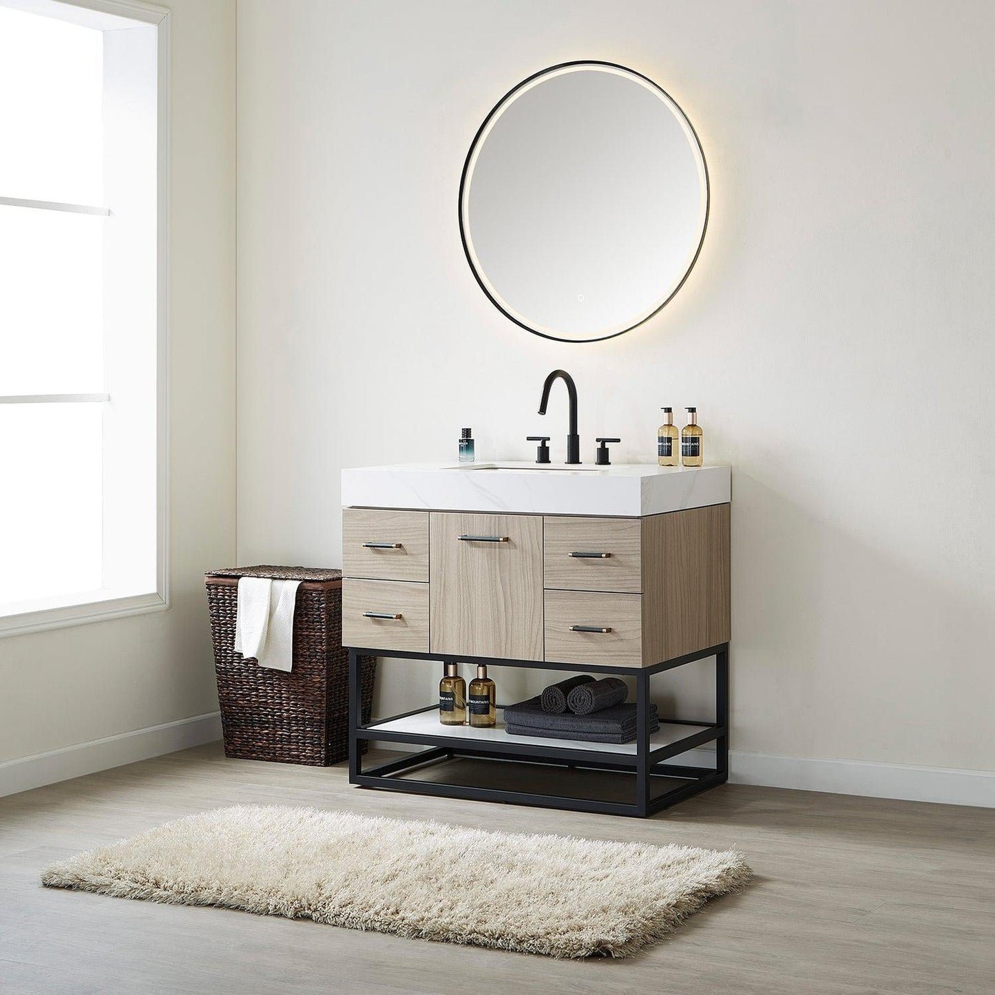 Vinnova Toledo 36" Single Sink Bath Vanity In Light Walnut Finish With White Sintered Stone Top And Mirror