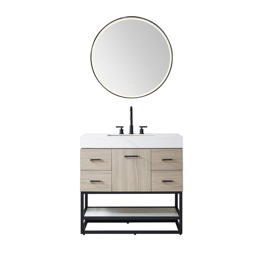 Vinnova Toledo 36" Single Sink Bath Vanity In Light Walnut Finish With White Sintered Stone Top And Mirror