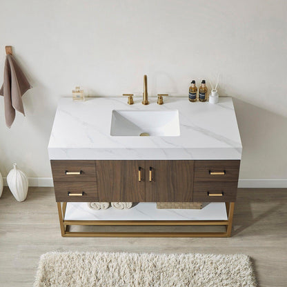 Vinnova Toledo 48" Single Sink Bath Vanity In Dark Walnut Finish With White Sintered Stone Top