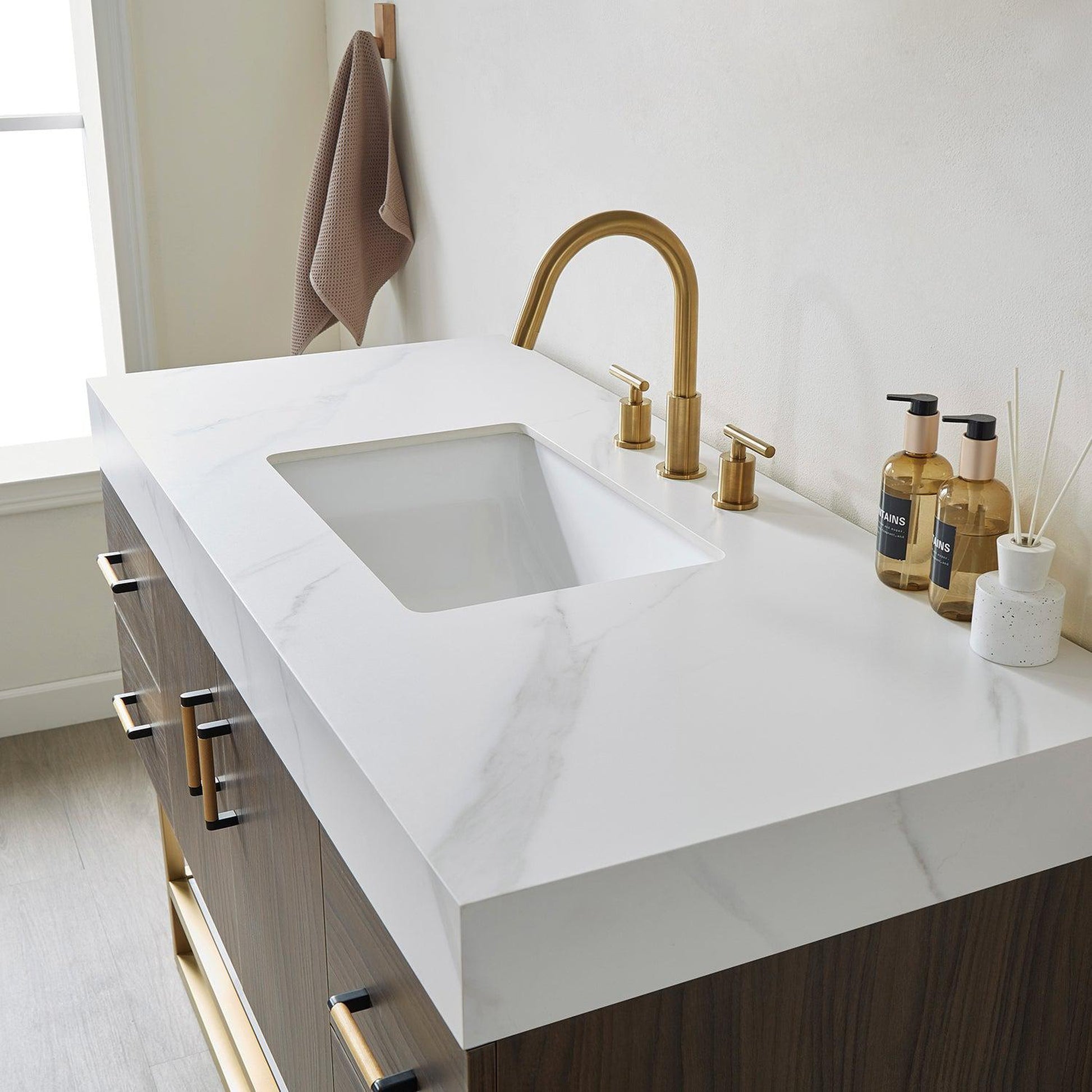 Vinnova Toledo 48" Single Sink Bath Vanity In Dark Walnut Finish With White Sintered Stone Top