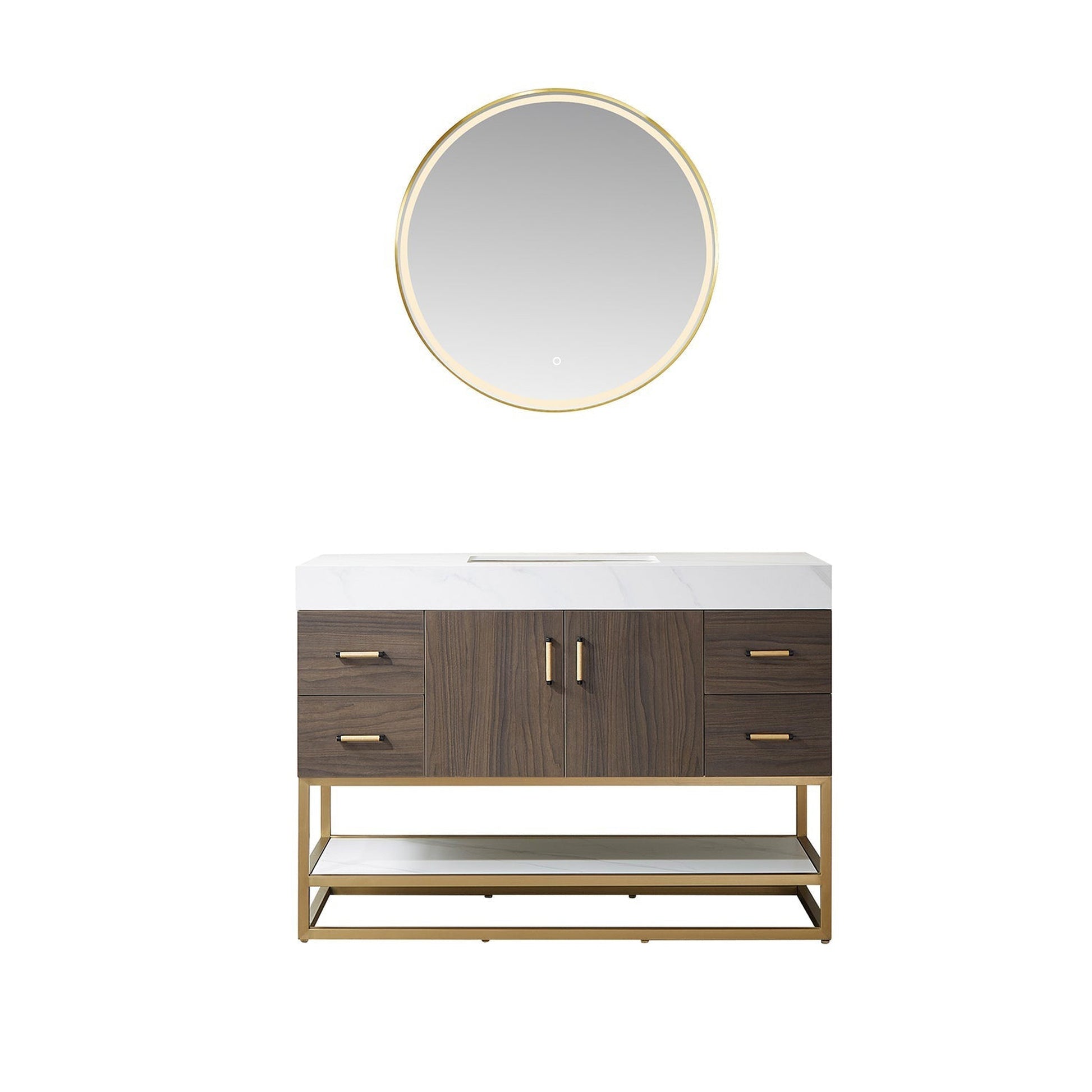 Vinnova Toledo 48" Single Sink Bath Vanity In Dark Walnut Finish With White Sintered Stone Top And Mirror