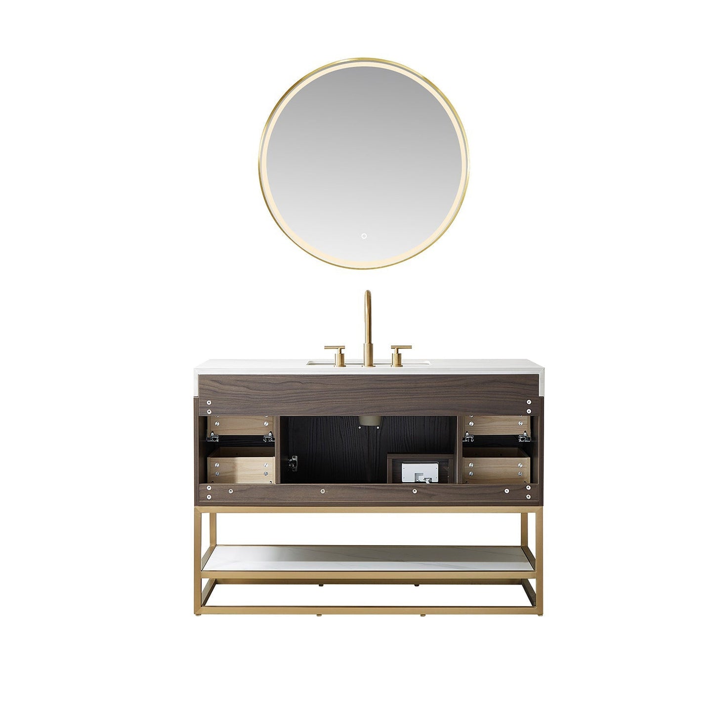 Vinnova Toledo 48" Single Sink Bath Vanity In Dark Walnut Finish With White Sintered Stone Top And Mirror