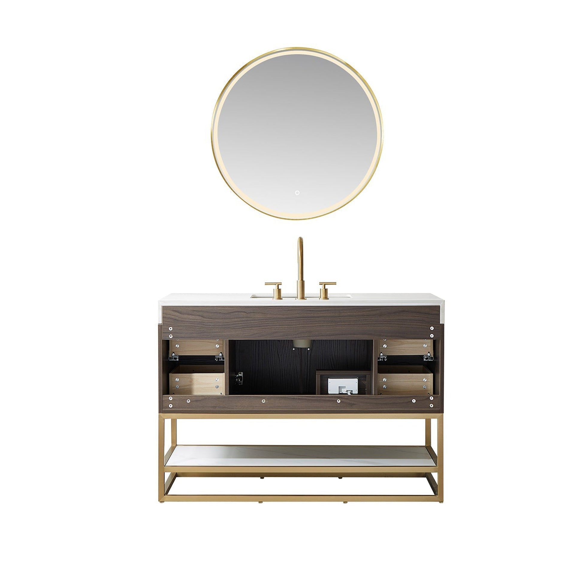 Vinnova Toledo 48" Single Sink Bath Vanity In Dark Walnut Finish With White Sintered Stone Top And Mirror