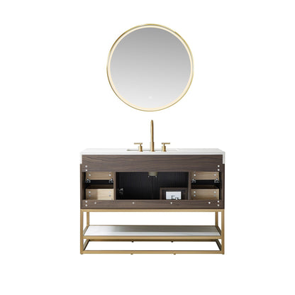 Vinnova Toledo 48" Single Sink Bath Vanity In Dark Walnut Finish With White Sintered Stone Top And Mirror