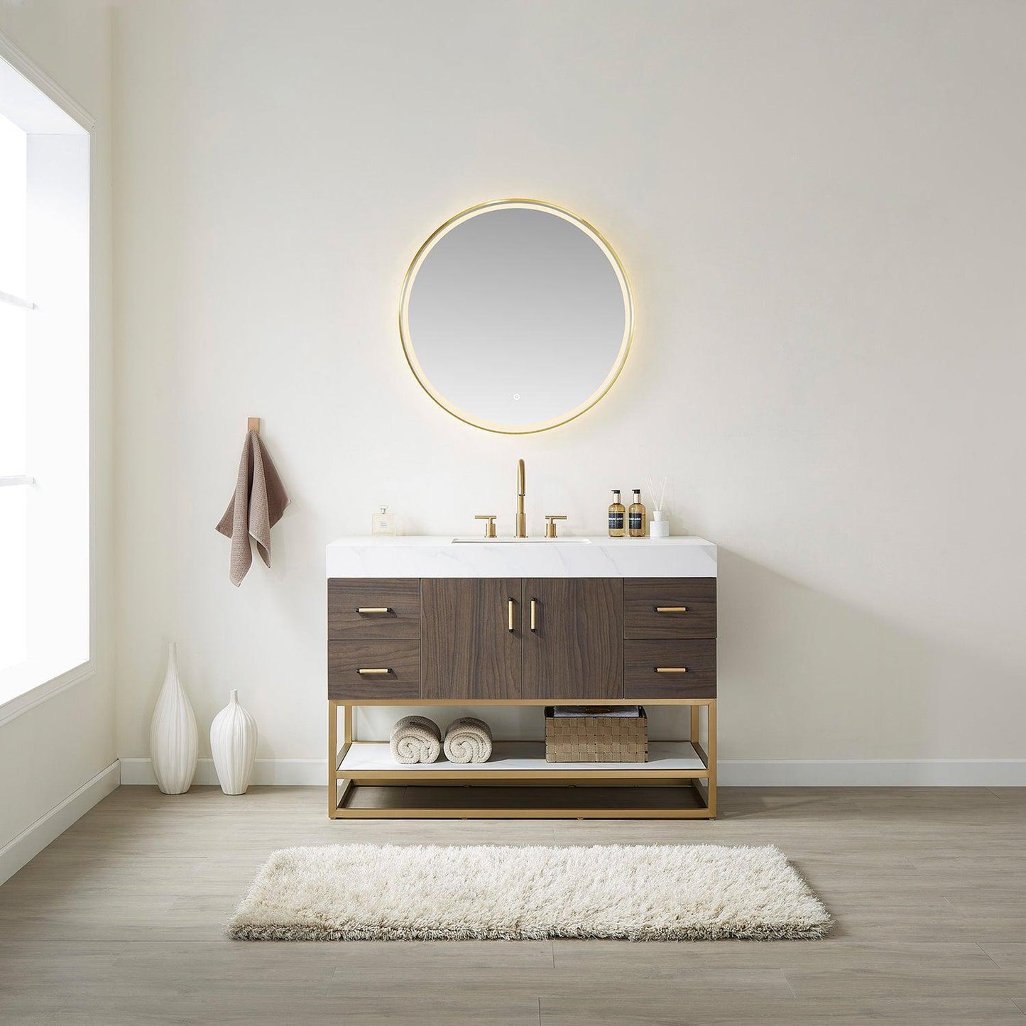 Vinnova Toledo 48" Single Sink Bath Vanity In Dark Walnut Finish With White Sintered Stone Top And Mirror
