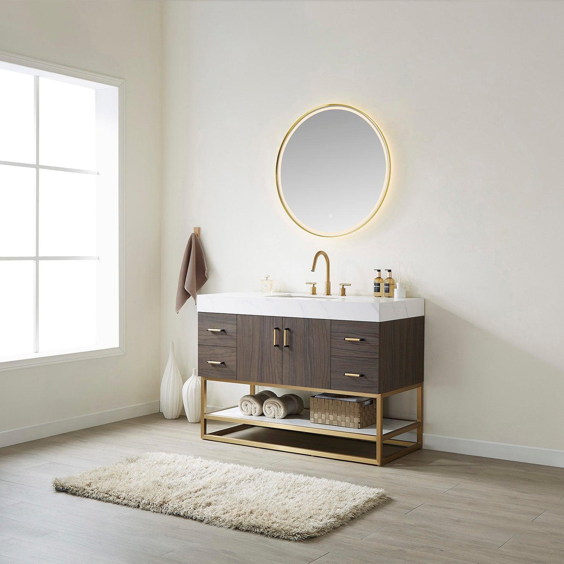 Vinnova Toledo 48" Single Sink Bath Vanity In Dark Walnut Finish With White Sintered Stone Top And Mirror