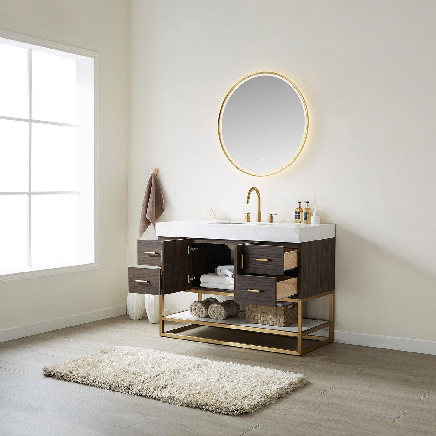 Vinnova Toledo 48" Single Sink Bath Vanity In Dark Walnut Finish With White Sintered Stone Top And Mirror