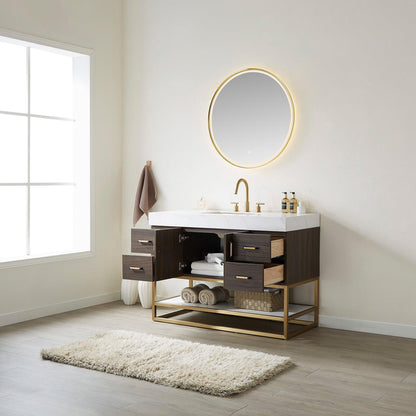 Vinnova Toledo 48" Single Sink Bath Vanity In Dark Walnut Finish With White Sintered Stone Top And Mirror