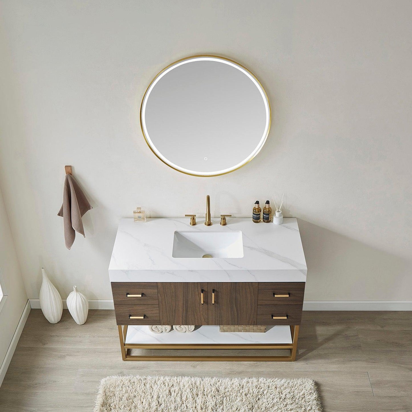 Vinnova Toledo 48" Single Sink Bath Vanity In Dark Walnut Finish With White Sintered Stone Top And Mirror