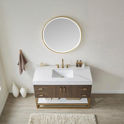 Vinnova Toledo 48" Single Sink Bath Vanity In Dark Walnut Finish With White Sintered Stone Top And Mirror