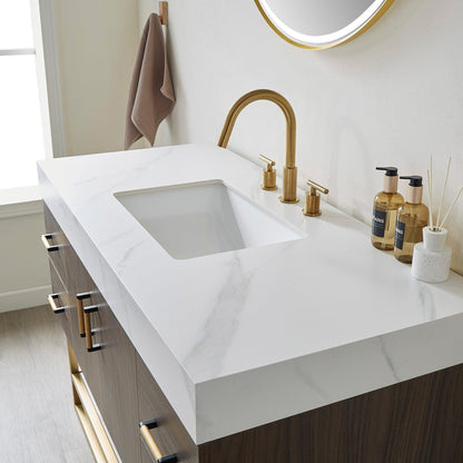 Vinnova Toledo 48" Single Sink Bath Vanity In Dark Walnut Finish With White Sintered Stone Top And Mirror