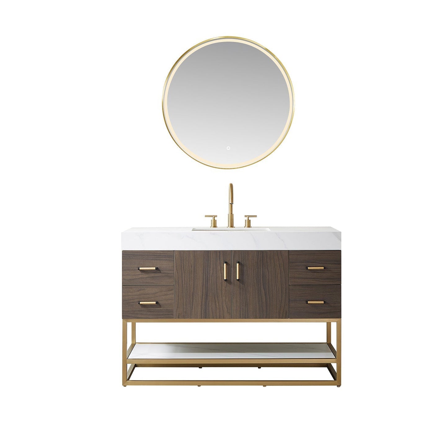 Vinnova Toledo 48" Single Sink Bath Vanity In Dark Walnut Finish With White Sintered Stone Top And Mirror